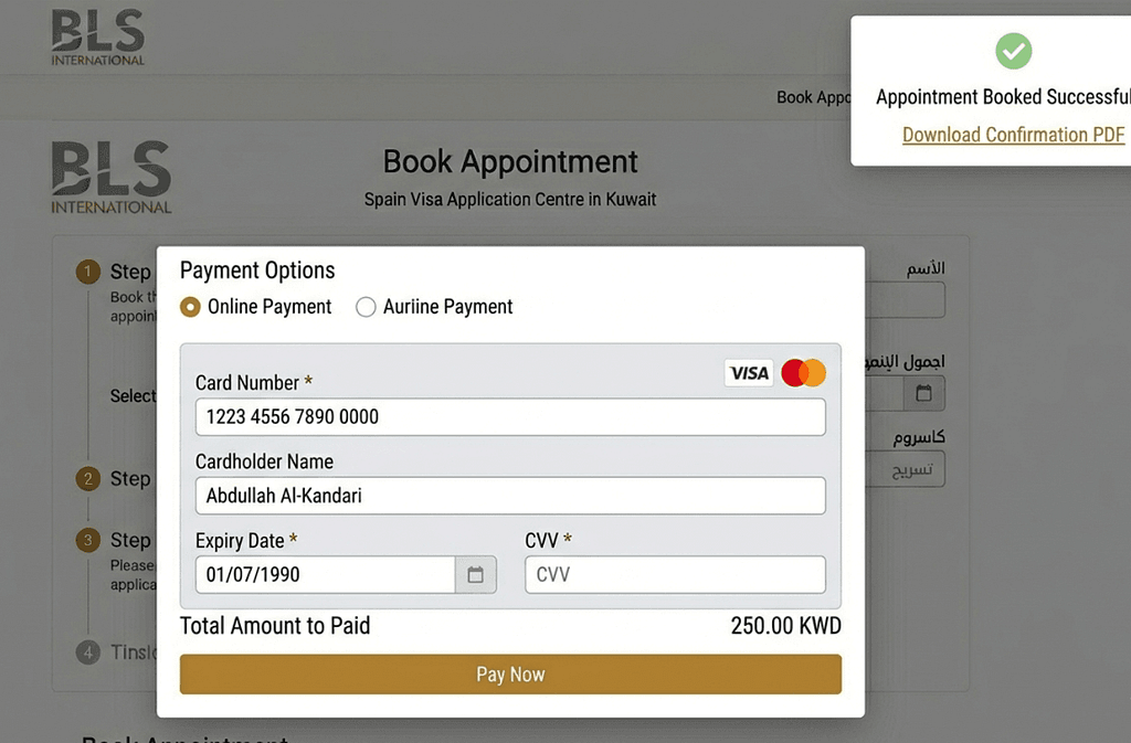 الدفع والتأكيد حجز موعد فيزا اسبانيا